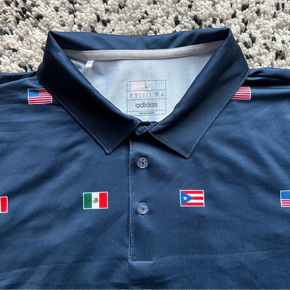 Adidas Polo Shirt Navy Blue North America Flags Print Mazda Logo Men’s Large - Picture 6 of 13